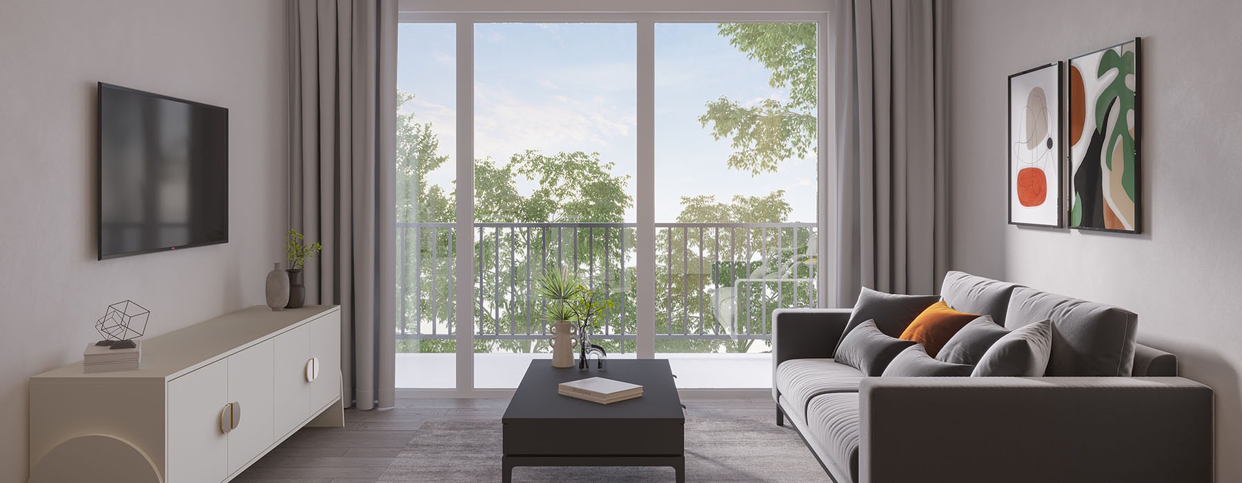floor-to-ceiling windows brighten spacious living room